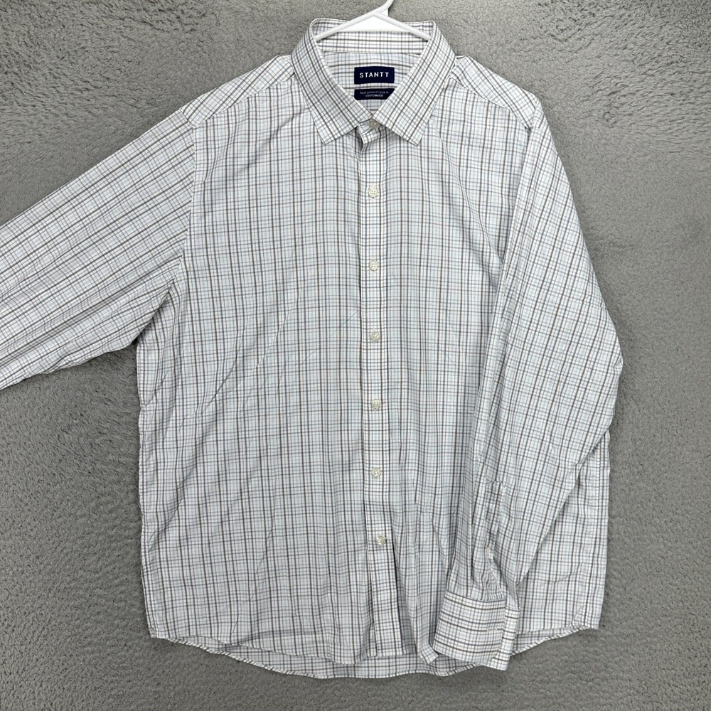 Stantt Adult Mens Hiking Shirt XL Blue Brown Plaid Button Up Stretch Nylon Blend